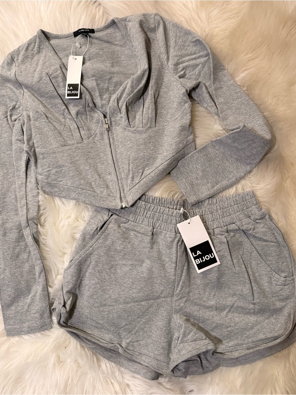 Gray Zip-Front Cropped Hoodie & Shorts Lounge Set